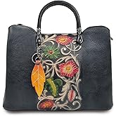 Genuine Leather Vintage Embossed Handbag for Women - Artisanal Cowhide Floral Crossbody Purse with Unique Craftsmanship