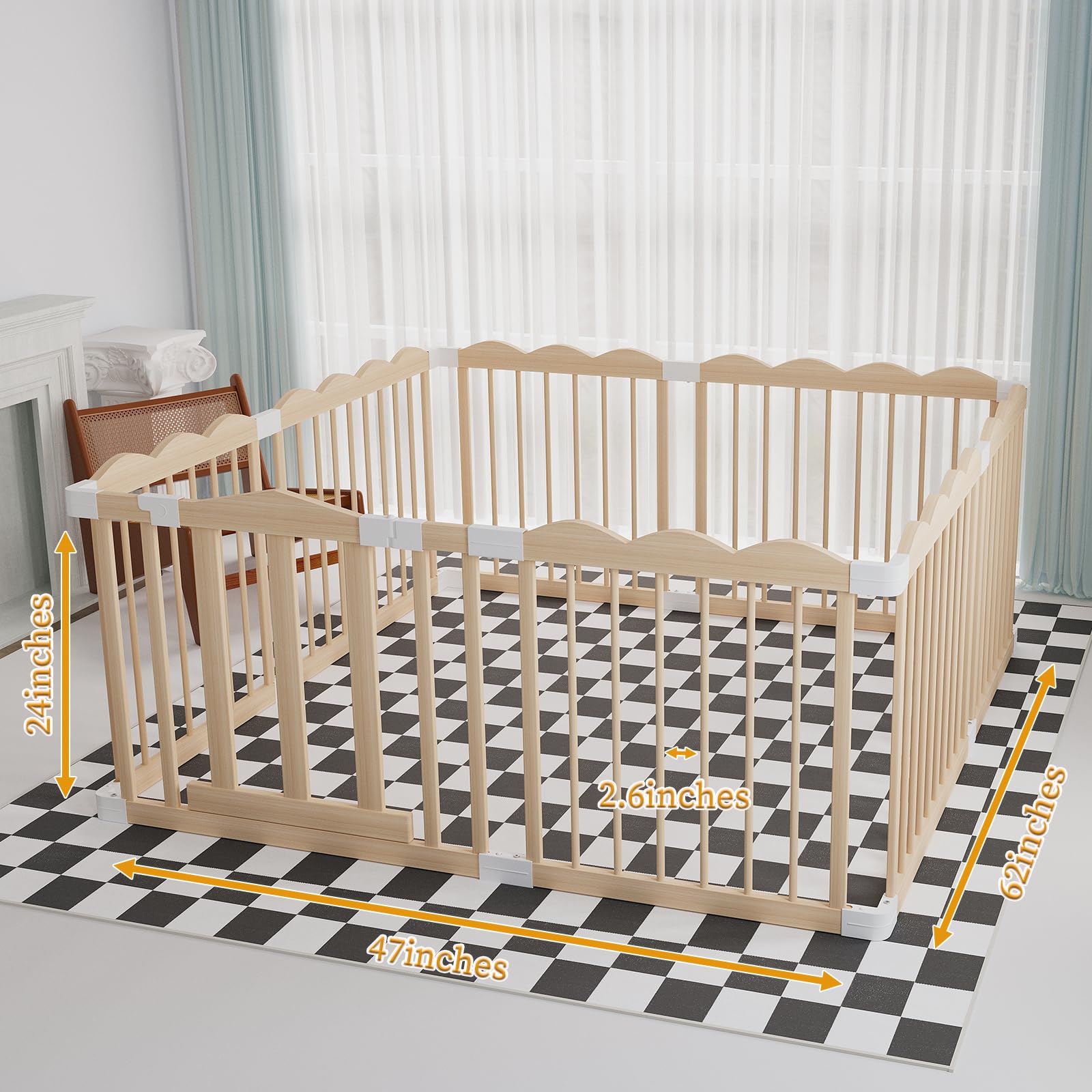 Baby Playpen, Wooden Playpen for Babies and Toddlers, Large Adjustable Wooden Baby Playard with Locking Gate, Easy to Assemble, Portable Play Pen, Infant Play Pen Play Area(47x62x24 Inch)