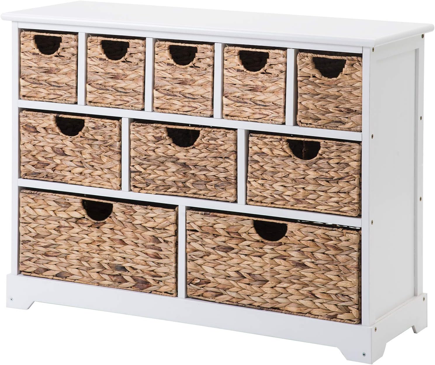 Famgizmo Chest of Drawers with Seagrass Baskets, Large Unit Storage with 10 Drawers, Solid Paulownia Sideboard for Bedroom Hallway Bathroom Living Room