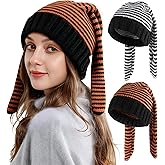 Ababalaya Women's Bunny Ear Striped Beanie Y2K Cute Rabbit Ear Winter Hat Slouchy Knit Beanie with Long Floppy Bunny Ears