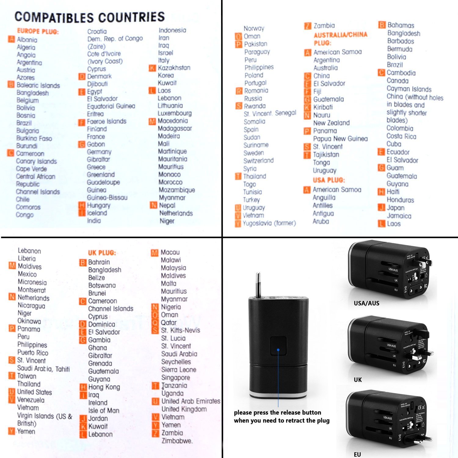 Adattatore di caricabatteria da viaggio, caricabatterie da muro internazionale Moobom worldwide universale adattatore da viaggio con due porte USB per Apple, iPod, iPad, Android, smartphone e fotocamere digitali (grado di alimentazione USB 