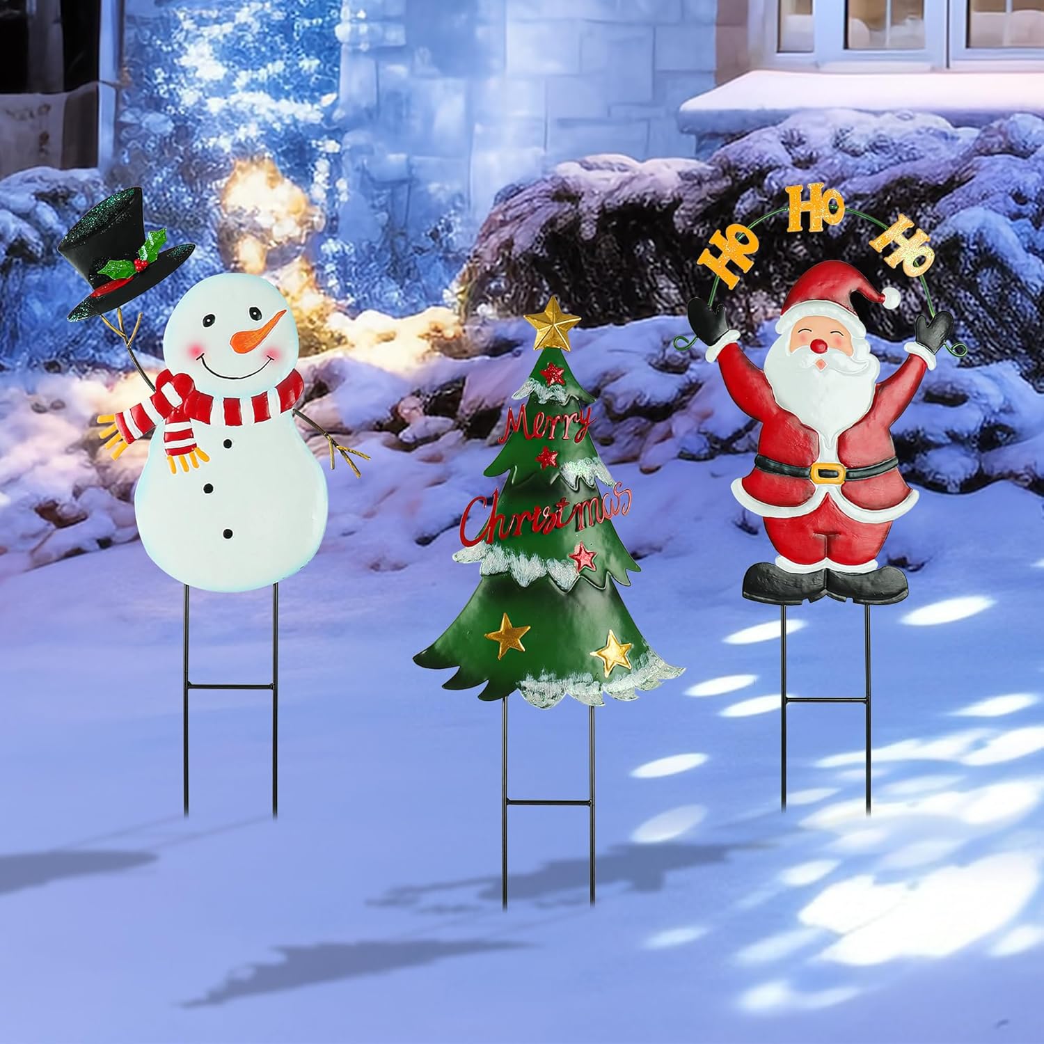 Decorative Garden Stakes - RTSSUT Set of 3 Christmas Decorations Metal Stakes, 27 Inch Metal Snowman, Christmas Tree and Santa Claus Xmas Yard Signs for Outdoor Decorations, Holiday Home Decor for Front Door Lawn Garden Patio