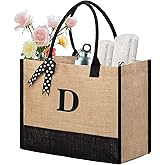 BeeGreen Personalized Gift Bag for Women Beach Tote Jute Birthday Gifts Bag for Friends Mother Large Initial Totes Bags for Bridal Shower Unique Bridesmaid Gifts D