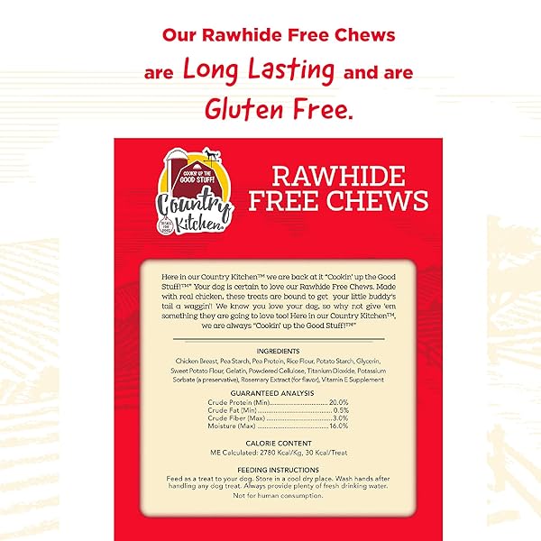 COUNTRY KITCHEN RAWHIDE FREE CHICKEN DOG CHEWS, FOR SMALL DOGS, MADE WITH REAL CHICKEN, NO WHEAT, CORN OR SOY, 18 COUNT