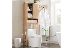 RedLemon Over The Toilet Storage Cabinet with Fluted Sliding Door, 68" Tall Wood Space Saver w/Faux Marble Top & Adjustable Shelf, Curved Profile Rack Organizer for Bathroom, Natural Oak Color