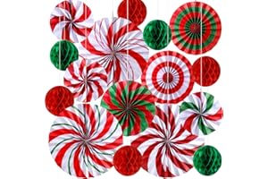 Outus 21 Pcs Christmas Candy Hanging Paper Fans Peppermint Christmas Banners Xmas Classroom Ceiling Decorations Tissue Poms Honeycomb Ball Ornaments for Birthday Wall Decor Supplies(Fashion)