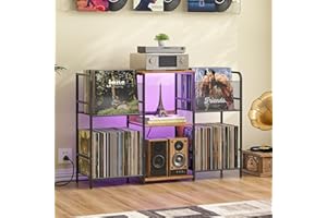3IngSeagulls Record Player Stand with Power Outlets and LED Light, Turntable Stand Storage Up to 350+ Albums, Record Player Stand with Vinyl Storage, Tuntable Stand with Record Holder for Living Room