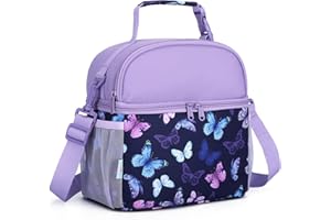 VASCHY Lunch Box Bag for Kids, Insulated Double Compartments Cooler Lunch Tote for Toddlers Girls School/Daycare/Picnic Purple Butterfly