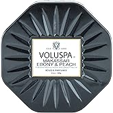 Voluspa Makassar Ebony & Peach Candle | 3 Wick Tin |Coconut Wax for Clean Burning | 12 Oz.