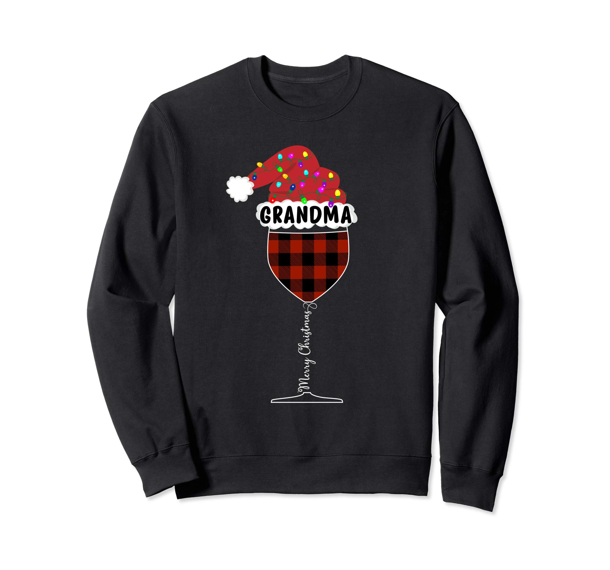 Buffalo Plaid Glass of Wine for Grandma Santa Hat lights Sweatshirt