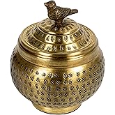 Round Hammered Metal Container with Bird Finial, Brass Finish