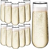 Widecook 12 Pcs Black Rimmed Hard Plastic Champagne Flutes 9 oz Mimosa Glasses Stemless Toasting Glasses Wine Glass Cocktail Cups for Party Wedding Engagement Bridal Shower Halloween(Black)