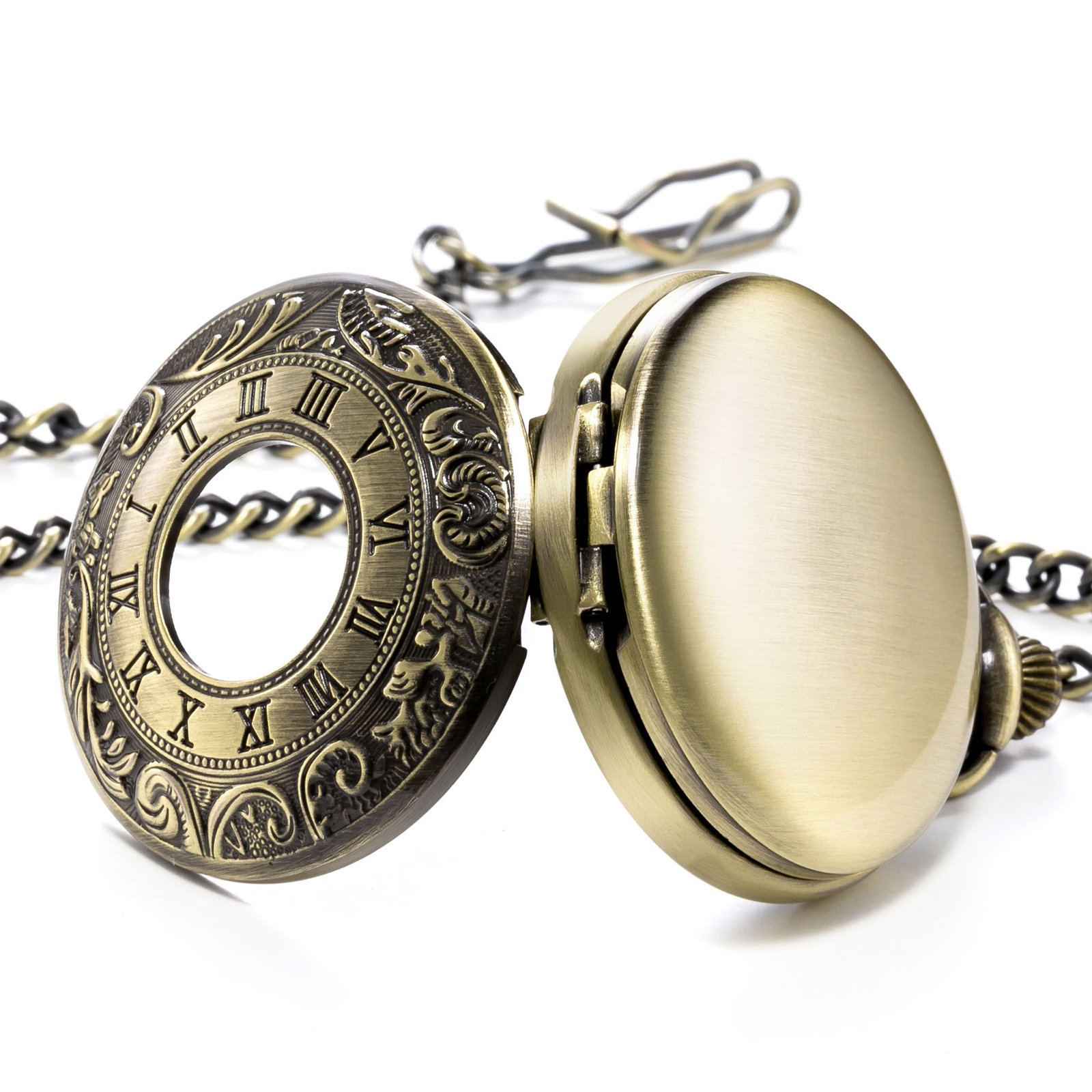 TREEWETO Mens Skeleton Mechanical Pocket Watch, Retro Roman Numerals, Half Hunter, Bronze