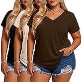 Evervibe 3 Pack Women's Plus Size T-Shirts, V Neck Short Sleeve Shirts Loose Fit Curved Hem Tees Casual Swing Tops