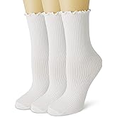 ViViKi Women Ankle Socks, Super Soft Lolita Ruffle Turn-Cuff Striped Double Needle Combed Cotton Socks 3 Pairs