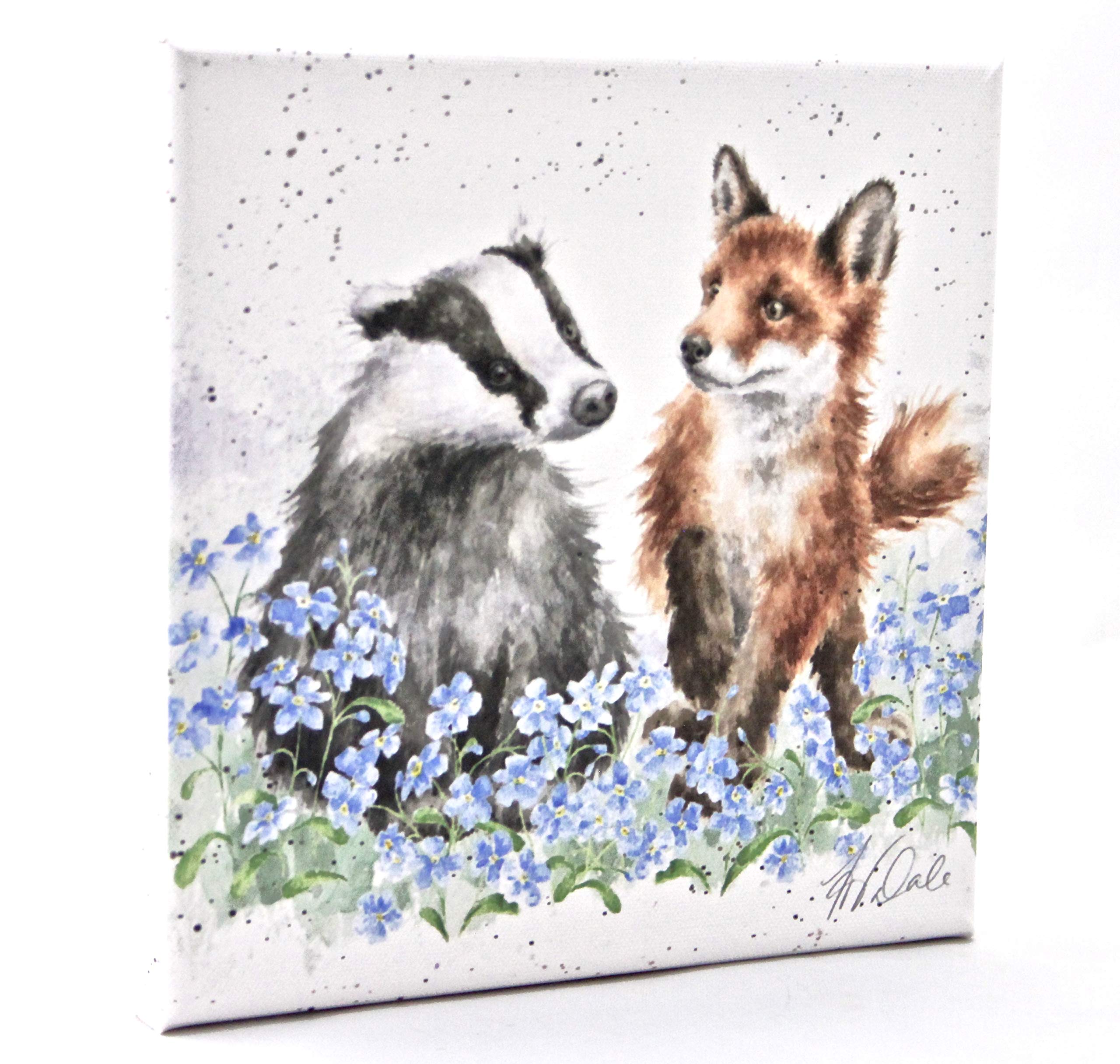 Wrendale Designs Fox and Badger Print on White Square Canvas 20 Centimetre Forget Me Not