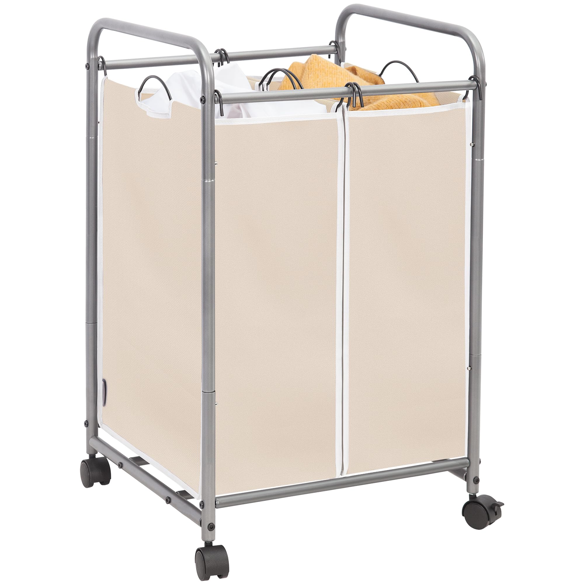 Photo 1 of STORAGE MANIAC Laundry Sorter 2 Section, 90 L Gal Laundry Hamper with Wheels, Clothes Basket Separator Sorter, 2 Bag Clothes Cart with Wheels and Removable Bags for Closet, Dorm, Collage, Beige