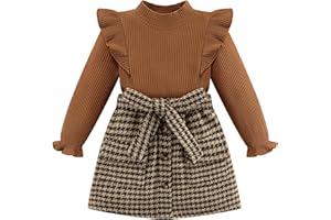Weixinbuy Toddler Girl Fall Winter Clothes Solid Long Sleeve Ribbed T-Shirt Knit Tops Plaid Button Mini Skirts Set Outfits