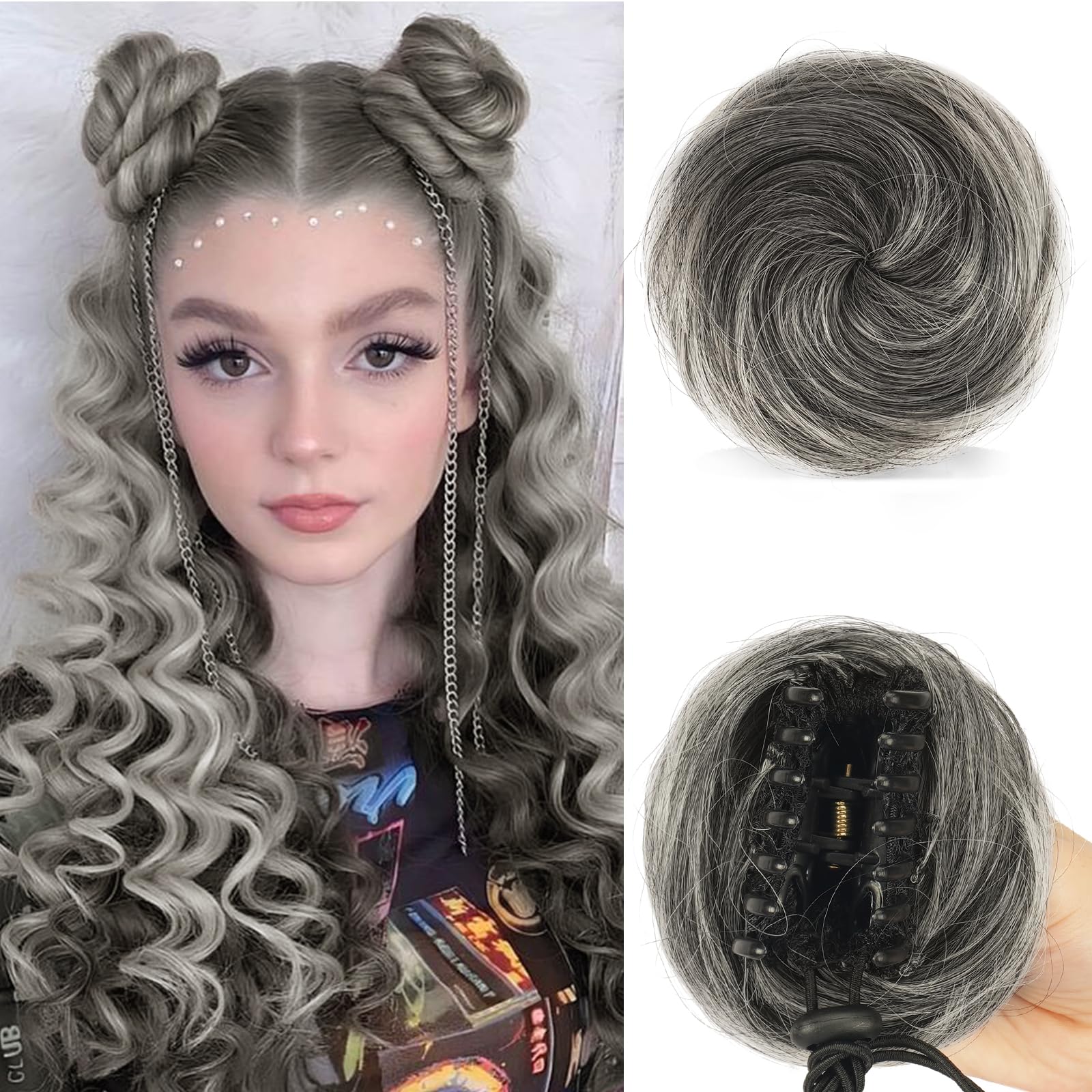 Photo 1 of SOFEIYAN 2PCS Mini Claw Clip in Hair Bun Messy Cat Ears Hair Bun Extension Synthetic Donut Wig Accessory Updo Space Bun Hair Pieces for Women Girls, Gray and White Tips