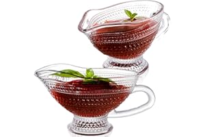 ZOOFOX 2 Pack 12 oz Glass Gravy Boat, Crystal Gravy Bowl with Easy-Pour Spout and Handle, Vintage Embossed Serving Dish for Sauces, Dressings, Creamer, Thanksgiving, Christmas or Holiday Dinner