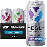 Yesly Functional Water, Variety Pack, Naturally Flavored Still Water with Electrolytes, Magnesium, Potassium, Vitamin C, B6 &amp; B12, Zero Sugar, No Artificial Sweeteners, 16 Fl Oz Cans, 12 Pack