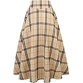 IDEALSANXUN Womens Plaid Skirts Fall Winter High Waisted A Line Long Pleated Maxi Skirt with Pockets