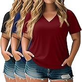 Neer 3 Pack Women's Plus Size T Shirts Short Sleeve V Neck Tops Solid Flat Hem Basic Loose Causal Tees