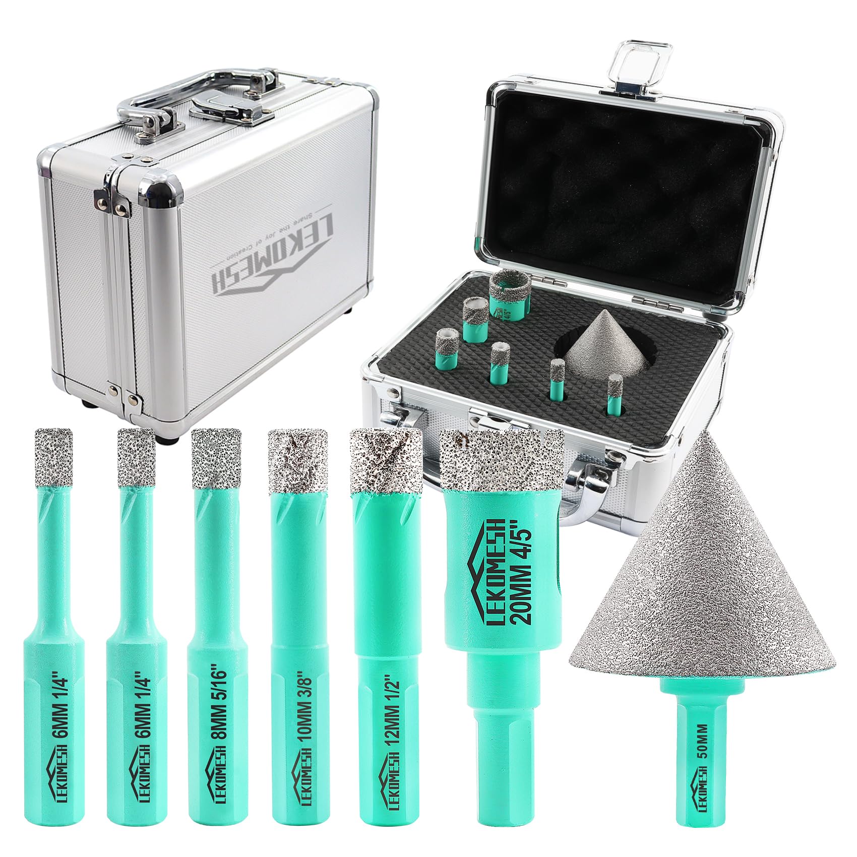 Diamond Core Drill Bits Kit - 7pcs (6/6/8/10/12/20mm+50mm Beveling Chamfer Bit) LEKOMESH Tile Hole Saw Kit with Triangle Shank for Porcelain Tile Ceramic Granite Marble Masonry Stone — image 1