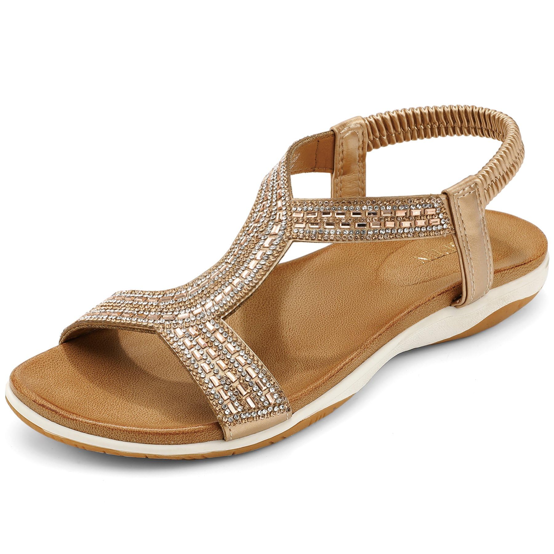 Photo 1 of UBFEN Flat Sandals For Women Dressy Walking Comfortable Sandal With Rhinestone Braid Elastic Strap Summer Vacation B Champagne Women US 11