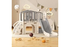 YUFU 8 in 1 Toddler Slide Set, Kids Slide for Toddlers Age 1-3, Toddler Playset with Climber, Basketball Hoop and Ball, Outdoor Indoor Playground for Toddlers 1-3 (Beige+Gray)