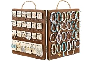 MOOCA Wooden Foldable and Portable 2 Panel Pegboard Jewelry Display Organizer with 48 Removable Black Metal Hooks & Convenient Rope Handle for Easy Carrying, Dual-Sided Panels for Hanging, Brown Color