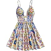Floerns Women's Boho Floral Print Mini Dresses Cut Out V Neck Tiered Summer Cami Dresses