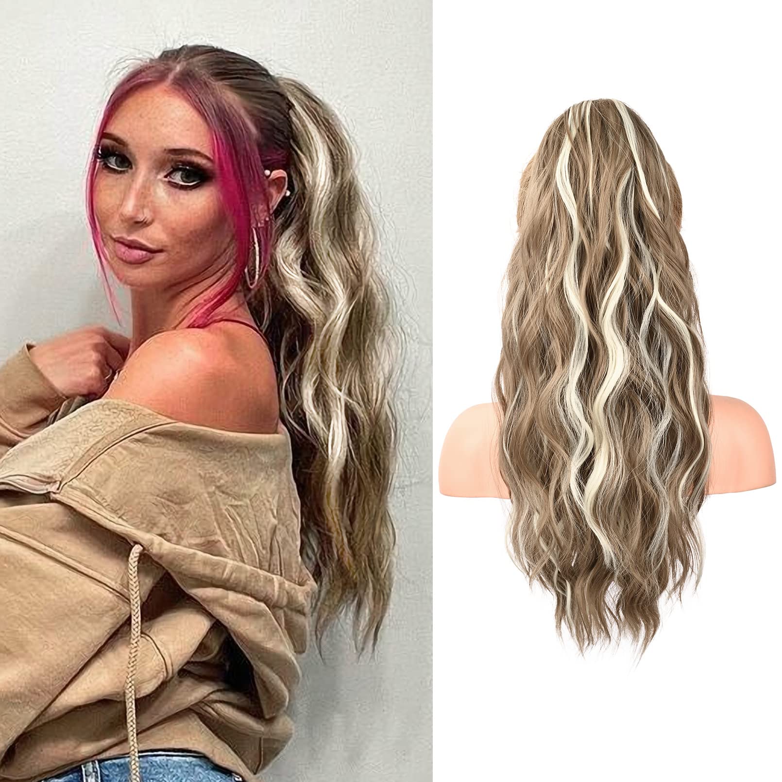 FLUFYMOOZ Ponytail Extension, 22 Inch Drawstring Ponytail Hair Extensions for Women， Long Curly Wavy Ponytail Natural Wavy Synthetic Hairpiece for Women (22" Ash Brown with Blonde Highlights)