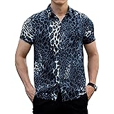 LOGEEYAR Mens Fashion Shirts Leopard Snakeskin Print Button Down Summer Short Sleeve Casual Shirt