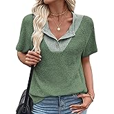 EVALESS Spring Summer Tops for Women Casual Short Sleeve T Shirts V Neck Henley Shirts Patchwork Button Up Knit Pullover Tops