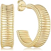 Niratty Gold Hoop Earrings for Women 14K Gold Hoop Earrings for Women Hoops Earring for Womens C-Shaped with Uniform Ridged Textures Statement Hoops Studs Earring for Womens 20mm