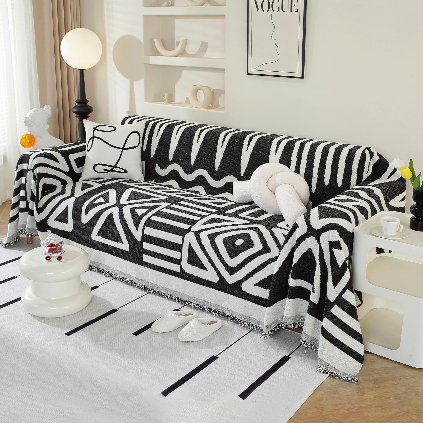 Royhom Boho Sofa Cover 3 Seater, Corner Sofa Covers L Shape, Washable Couch Cover with Tassel, Soft Couch Covers for Dogs, Breathable, All-season Universal (Black, 180x300cm)