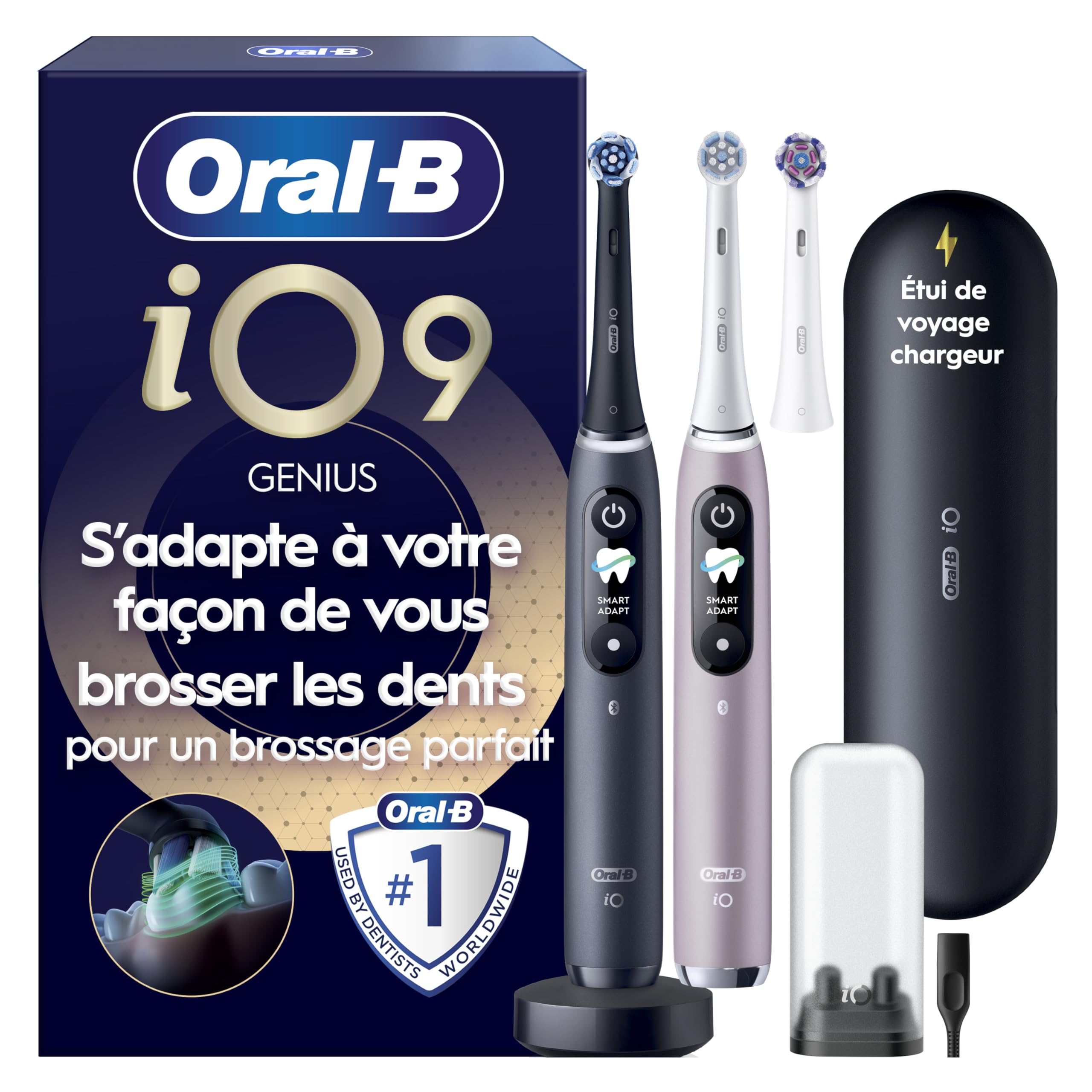 Oral-B Brosses A Dents Electriques Duo iO 9 Noire Et Rose, 7 Modes De Brossage Dont Blancheur Et Soin Des Gencives, 16 Zones De Nettoyage, Ecran Interactif, 3 Brossettes De Rechange Oral B, Etui