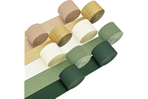 Kisston 10 Rolls Crepe Paper Streamers 820 Ft, Green Sage Green Gold White Brown Crepe Paper Decorations for Wedding Ceremony Birthday Party