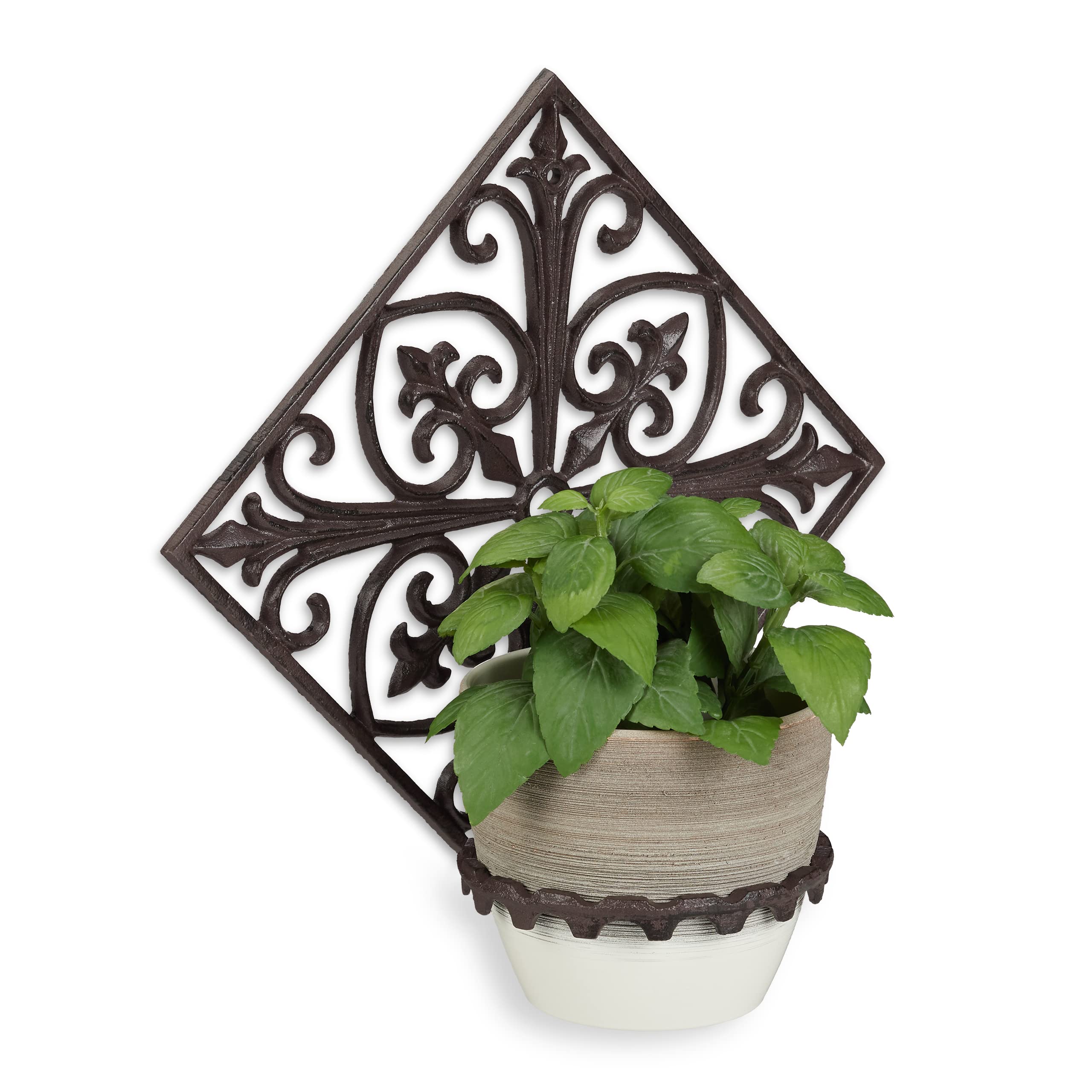Relaxdays Wall Flower Rack, Cast Iron, Antique, Garden Plant Holder, Ø 13 cm, Decorative, Ornate, Dark Brown