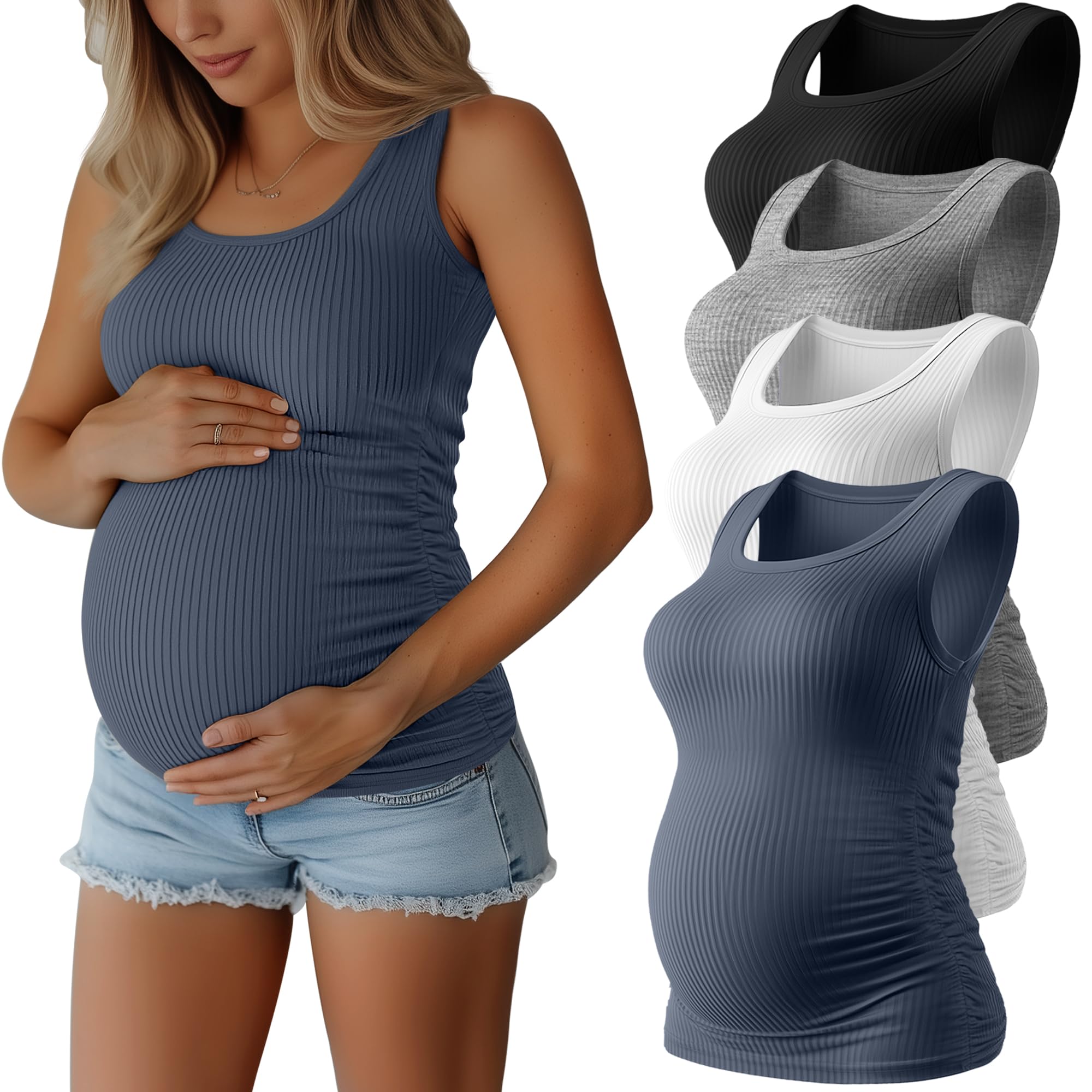 Photo 1 of Ficerd 4 Pack Women's Maternity Tank Tops, Side Ruch Sleeveless Cotton Pregnancy Shirts Casual Ribbed Basic Maternity Clothes(Black, Light Heather Gray, White, Haze Blue,Medium)