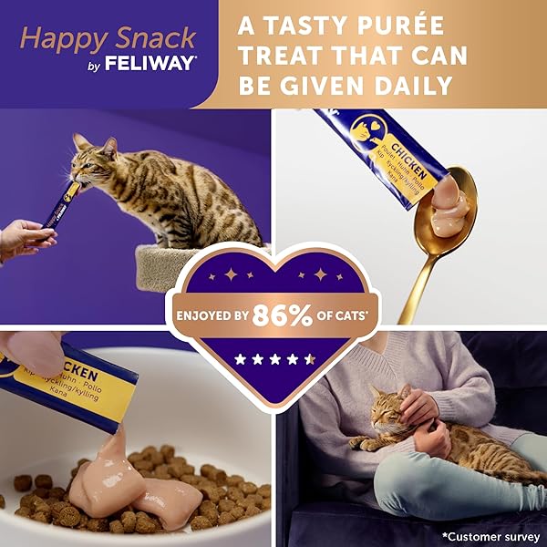 HAPPY SNACK BY FELIWAY®, DELICIOUS, LICKABLE, SQUEEZABLE PURÉE CAT TREATS FOR A DAILY CALMING ROUTINE, MADE WITH REAL CHICKEN, 12 PACK (0.5OZ TUBES)