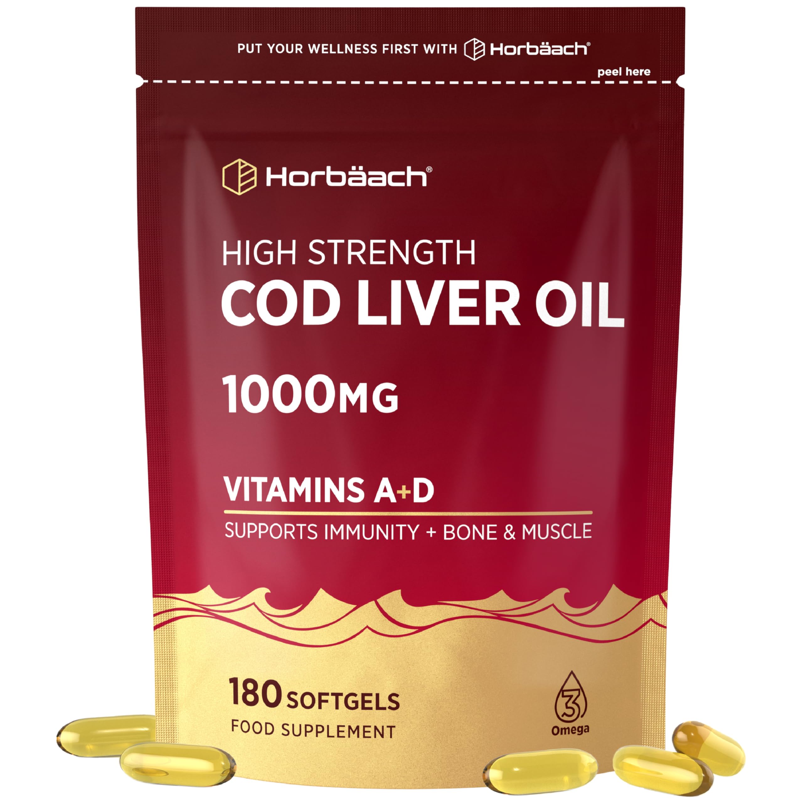 Cod Liver Oil Capsules 1000mg | 180 Softgels (6 Months Supply) | with Omega 3 Fatty Acids with Vitamin A and D + DHA & EPA | High Strength Formula for Adults | By Horbaach