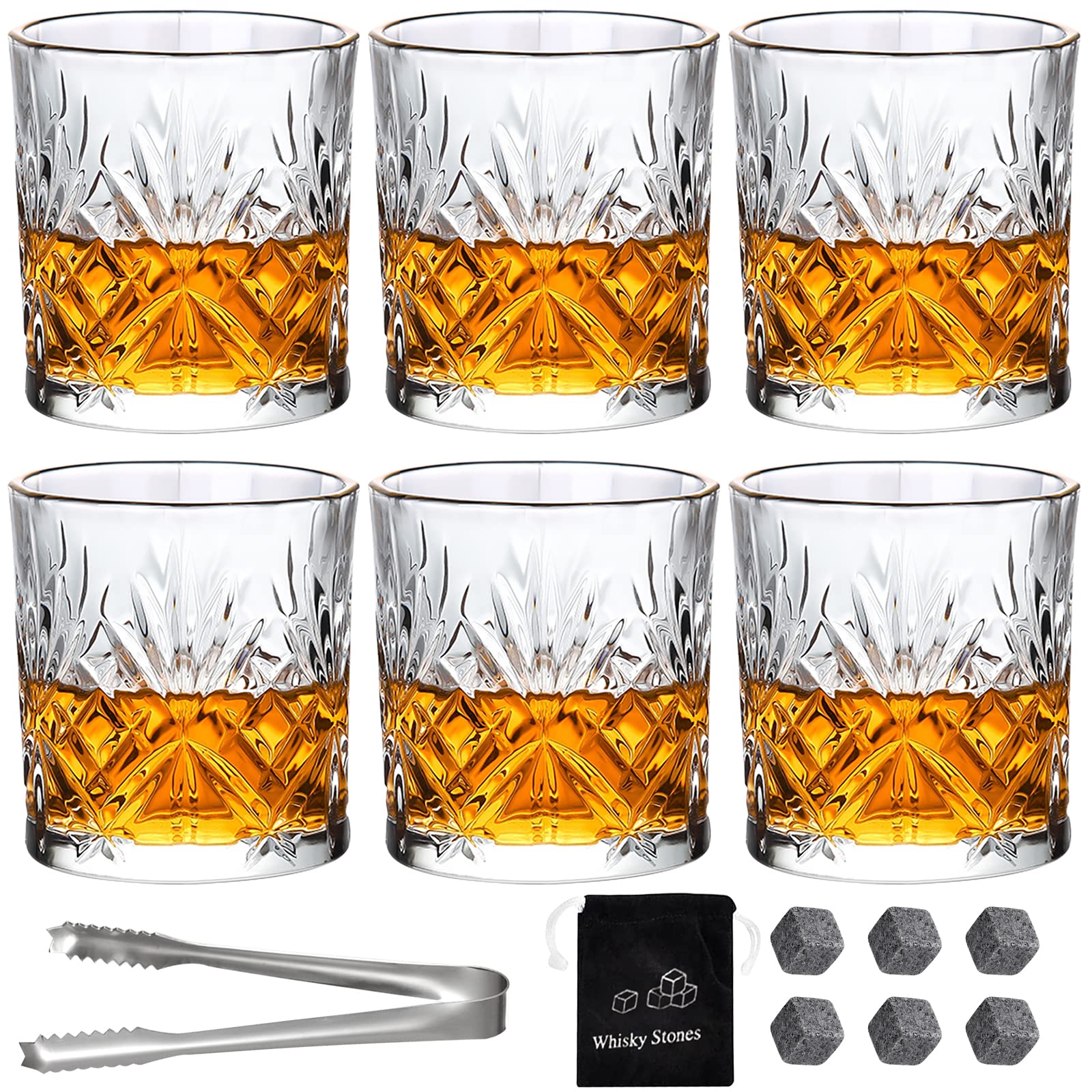 Whiskey Glasses 300ml Set of 6 Clear Whisky Tumblers Vintage Whiskey Glass Cups Lead Free Drinking Glasses for Scotch Bourbon Brandy Rum Cocktail Drinkware Glassware Barware Home Bar Party