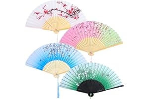 Aneco 4 Pieces Folding Fans Handheld Fans Silk Fabric Fans Hand Holding Fans For Wedding, Party, Gifts, Wall Decoration