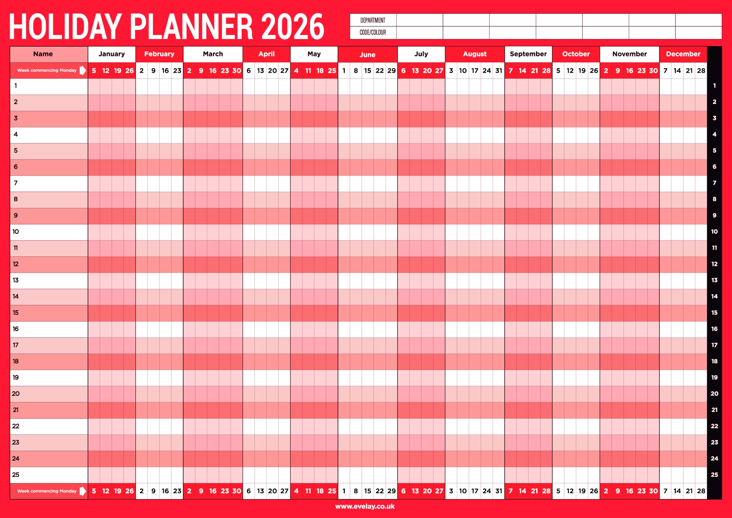 evelay 2026 Holiday Planner A1 Wall Calendar Staff Full Year Size (84cm x 59cm) for Home Office Work JAN DEC