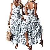 MSLG Womens Casual Summer High Waist Floral Dress V Neck Sleeveless A Line Beach Strap Ruffle Guest Boho Flowy Dresses 581