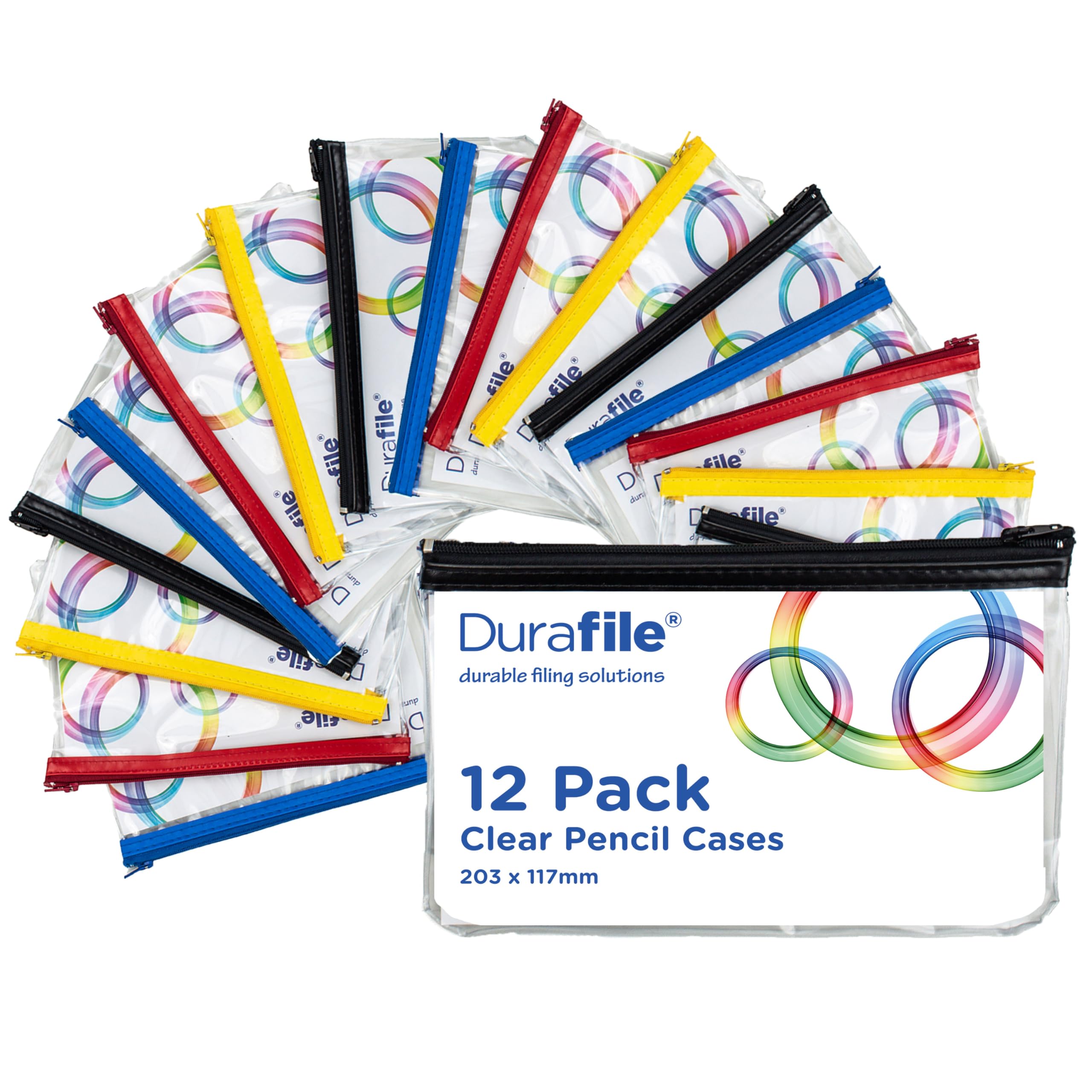 Durafile Pencil Case Clear, Pack of 12 Pencil Cases for Children Girls Boys - Assorted Colour Zips Small Transparent Pencil Case for Exams, Stationery or Make up Size 203 x 117mm