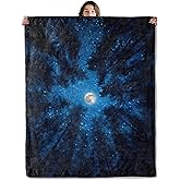 SOMEKLLY Moon Throw Blanket Soft Cozy Lightweight Flannel Blankets with Starry Night Sky and Forest Silhouette Blue Background for Nature Lovers Bedroom Dorm Office Home Decor Gifts 50x60 Inch