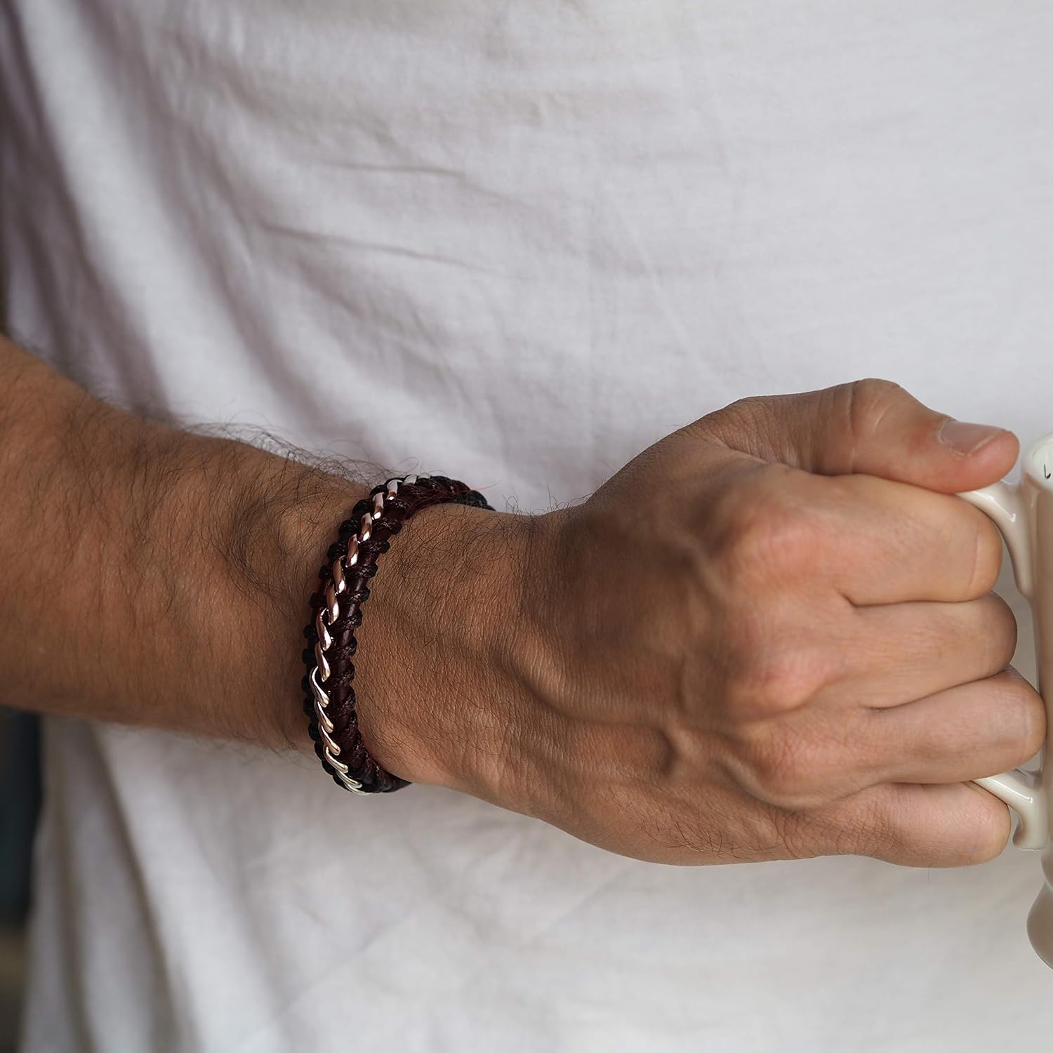 Tribal Steel Men's XL Brown Leather & Wax Cord Bracelet - Men's 23cm Plaited Leather Bracelet with Stainless Steel Lobster Clasp - Image 4